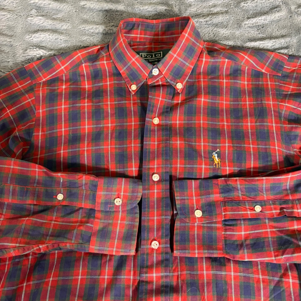 Polo Ralph Lauren Sz 16 Red Tartan Plaid Button Down Shirt Long Sleeve Pony Logo
